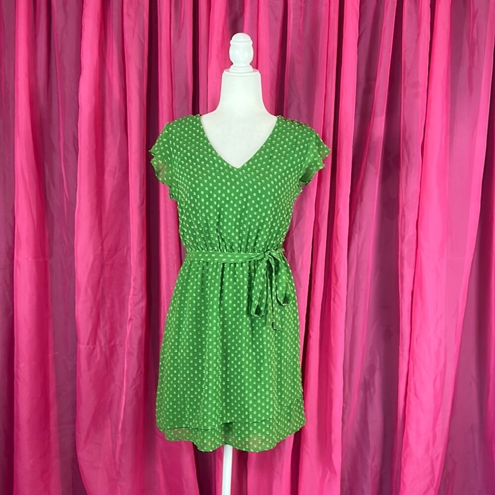 Dr2 textured‎ green fit and flare belted dress, size small